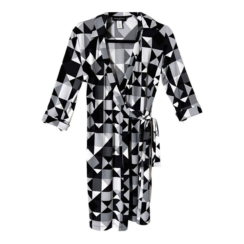 Julie Dillon Gray Black Geometrical‎ Print Wrap Midi Dress Size 4